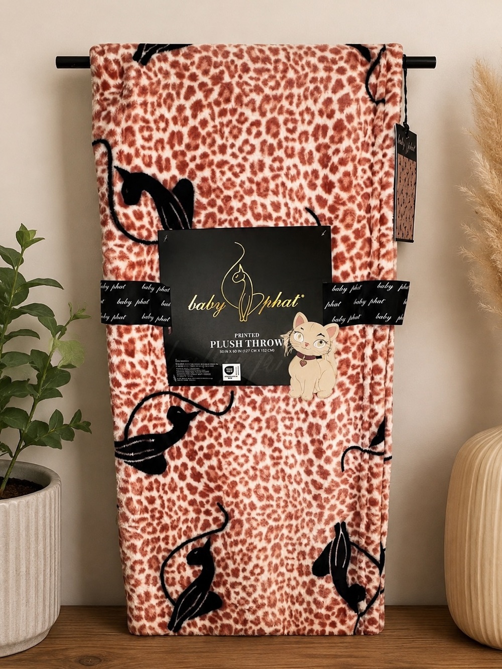 Baby Phat Pink Leopard Print Plush Throw with Black Floral Accents